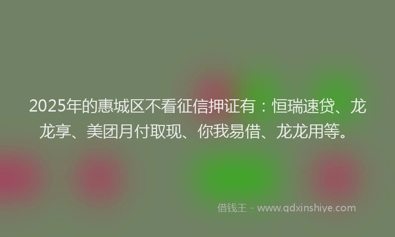 2025年的惠城区不看征信押证有：恒瑞速贷、龙龙享、美团月付取现、你我易借、龙龙用等。