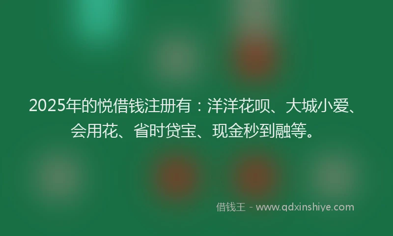 2025年的悦借钱注册有：洋洋花呗、大城小爱、会用花、省时贷宝、现金秒到融等。