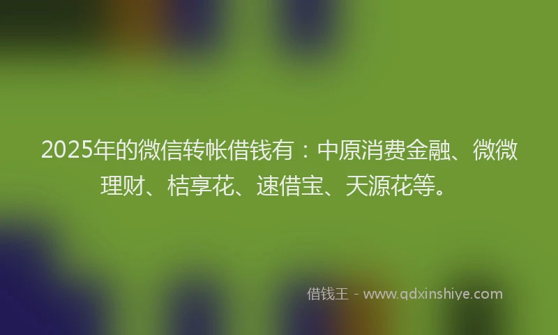 2025年的微信转帐借钱有：中原消费金融、微微理财、桔享花、速借宝、天源花等。