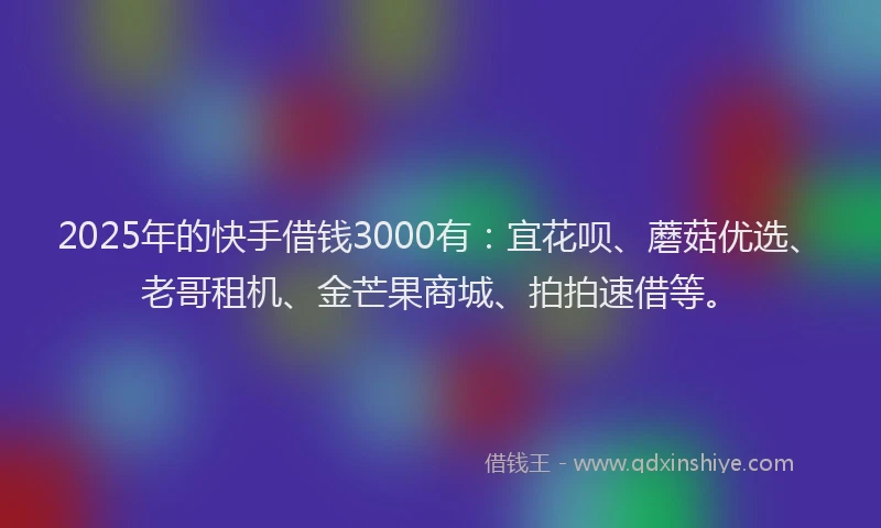 2025年的快手借钱3000有：宜花呗、蘑菇优选、老哥租机、金芒果商城、拍拍速借等。