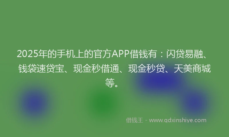 2025年的手机上的官方APP借钱有：闪贷易融、钱袋速贷宝、现金秒借通、现金秒贷、天美商城等。