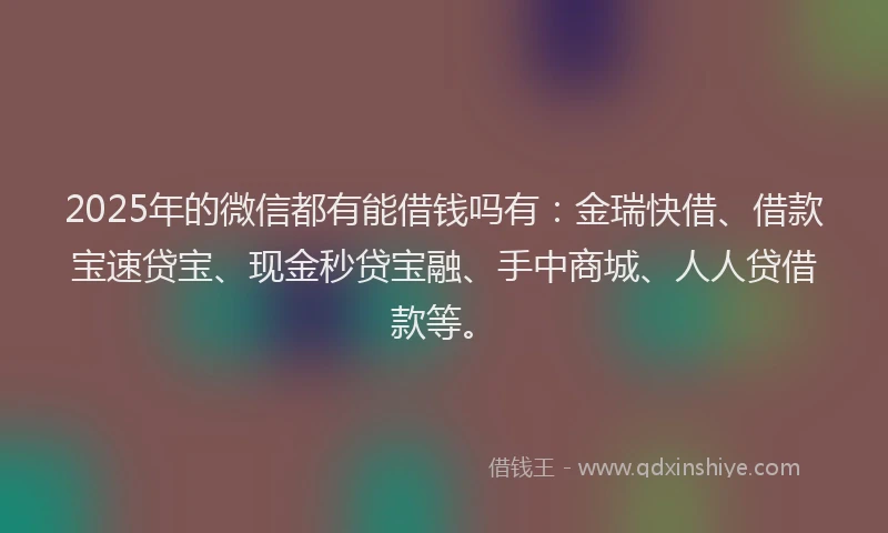 2025年的微信都有能借钱吗有：金瑞快借、借款宝速贷宝、现金秒贷宝融、手中商城、人人贷借款等。