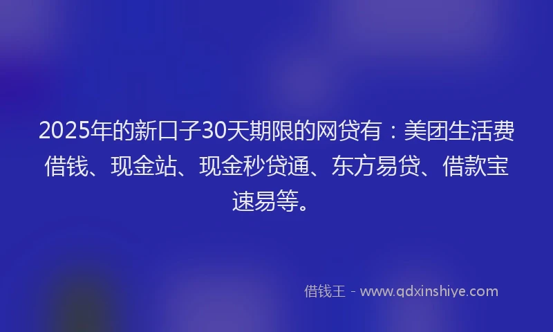 2025年的新口子30天期限的网贷有：美团生活费借钱、现金站、现金秒贷通、东方易贷、借款宝速易等。