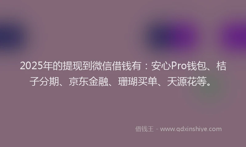 2025年的提现到微信借钱有：安心Pro钱包、桔子分期、京东金融、珊瑚买单、天源花等。