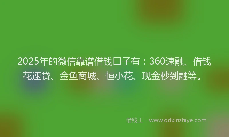 2025年的微信靠谱借钱口子有：360速融、借钱花速贷、金鱼商城、恒小花、现金秒到融等。