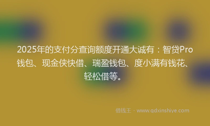 2025年的支付分查询额度开通大诚有：智贷Pro钱包、现金侠快借、瑞盈钱包、度小满有钱花、轻松借等。