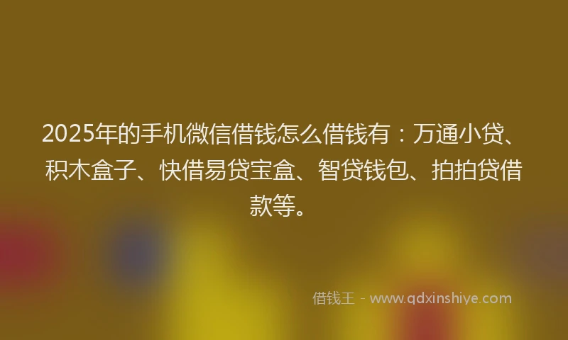 2025年的手机微信借钱怎么借钱有：万通小贷、积木盒子、快借易贷宝盒、智贷钱包、拍拍贷借款等。