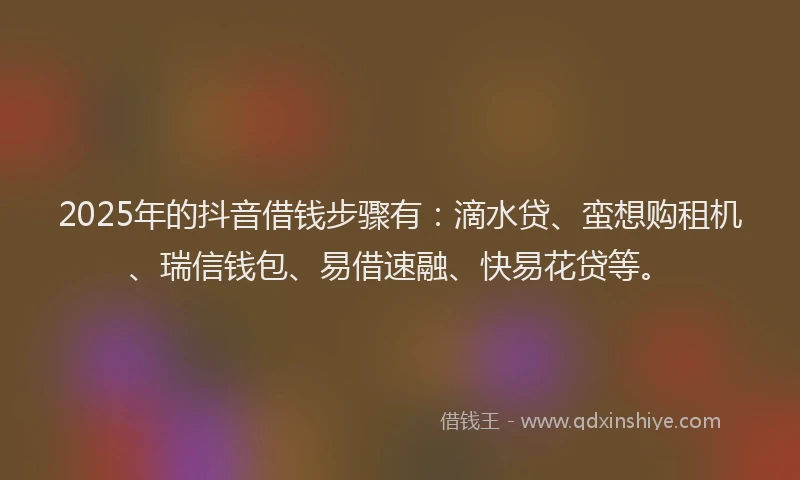 2025年的抖音借钱步骤有：滴水贷、蛮想购租机、瑞信钱包、易借速融、快易花贷等。