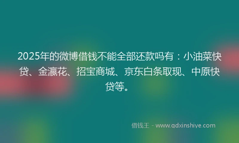 2025年的微博借钱不能全部还款吗有：小油菜快贷、金瀛花、招宝商城、京东白条取现、中原快贷等。