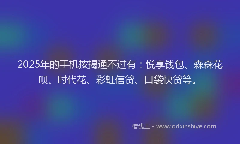 2025年的手机按揭通不过有：悦享钱包、森森花呗、时代花、彩虹信贷、口袋快贷等。