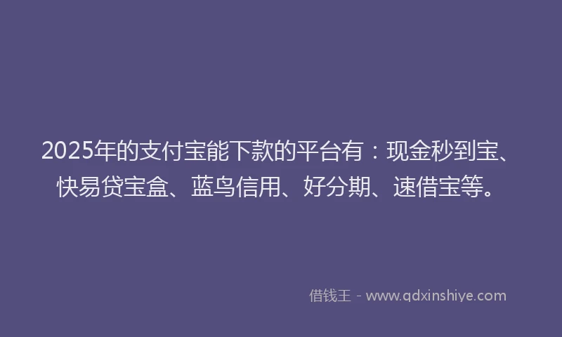 2025年的支付宝能下款的平台有：现金秒到宝、快易贷宝盒、蓝鸟信用、好分期、速借宝等。