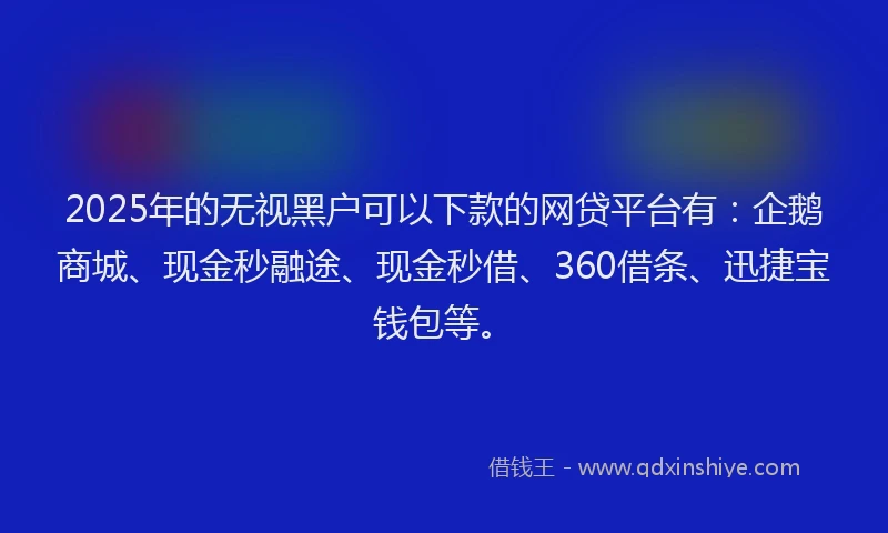 2025年的无视黑户可以下款的网贷平台有：企鹅商城、现金秒融途、现金秒借、360借条、迅捷宝钱包等。