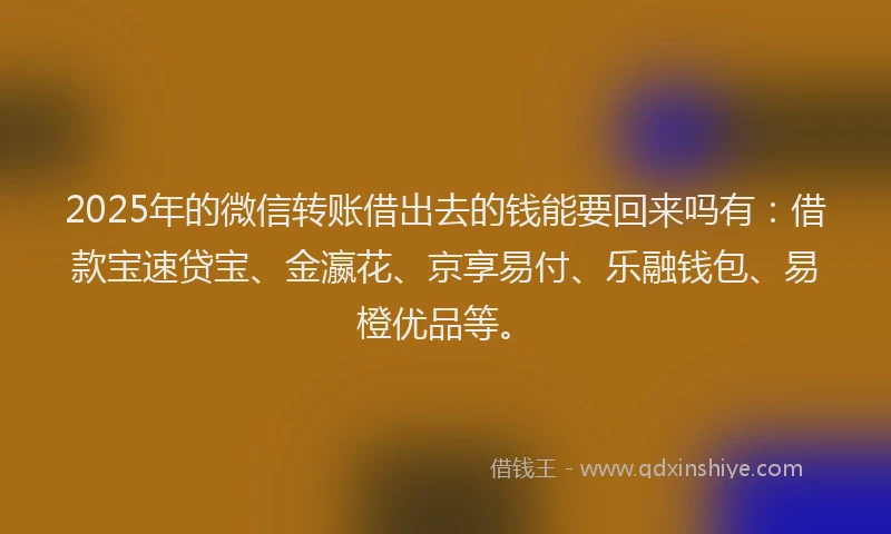 2025年的微信转账借出去的钱能要回来吗有：借款宝速贷宝、金瀛花、京享易付、乐融钱包、易橙优品等。