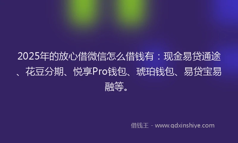 2025年的放心借微信怎么借钱有：现金易贷通途、花豆分期、悦享Pro钱包、琥珀钱包、易贷宝易融等。