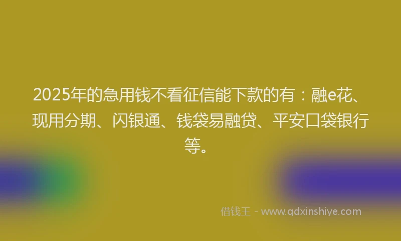 2025年的急用钱不看征信能下款的有：融e花、现用分期、闪银通、钱袋易融贷、平安口袋银行等。