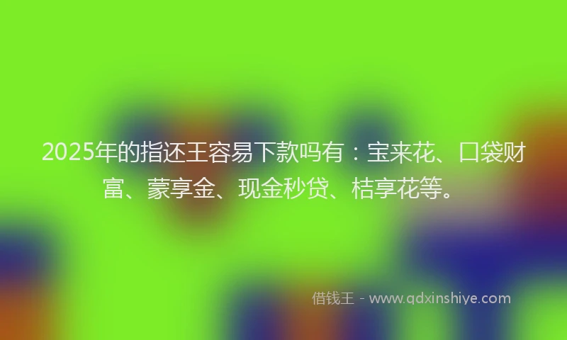 2025年的指还王容易下款吗有：宝来花、口袋财富、蒙享金、现金秒贷、桔享花等。
