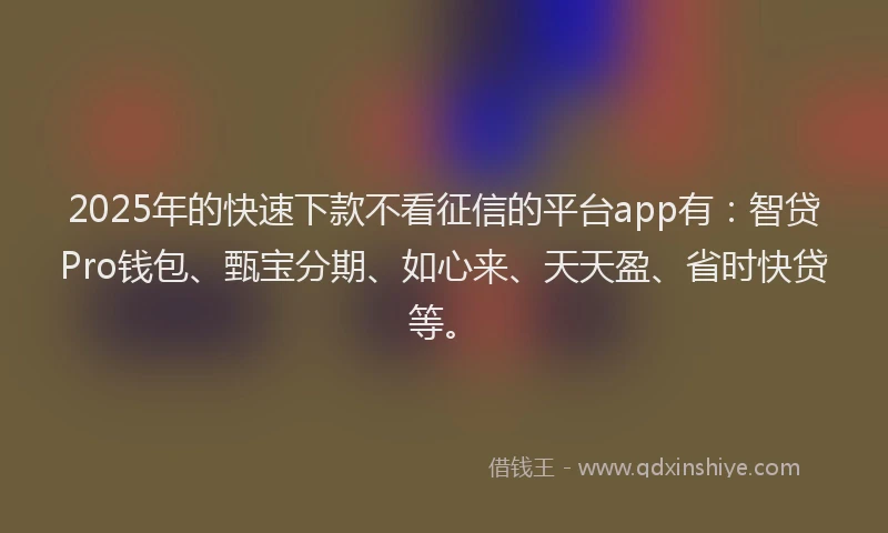 2025年的快速下款不看征信的平台app有：智贷Pro钱包、甄宝分期、如心来、天天盈、省时快贷等。
