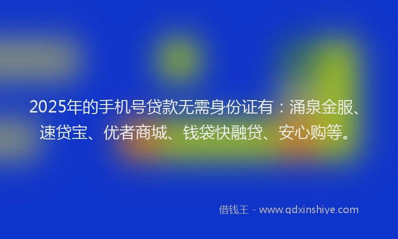 2025年的手机号贷款无需身份证有：涌泉金服、速贷宝、优者商城、钱袋快融贷、安心购等。