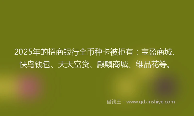 2025年的招商银行全币种卡被拒有：宝盈商城、快鸟钱包、天天富贷、麒麟商城、维品花等。