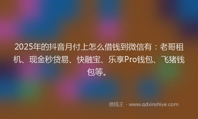2025年的抖音月付上怎么借钱到微信有：老哥租机、现金秒贷易、快融宝、乐享Pro钱包、飞猪钱包等。