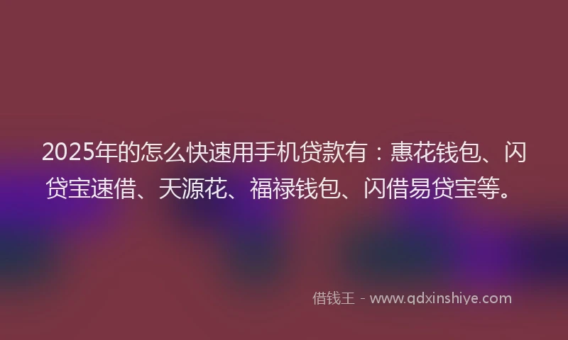 2025年的怎么快速用手机贷款有：惠花钱包、闪贷宝速借、天源花、福禄钱包、闪借易贷宝等。