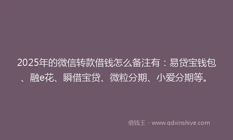 2025年的微信转款借钱怎么备注有：易贷宝钱包、融e花、瞬借宝贷、微粒分期、小爱分期等。