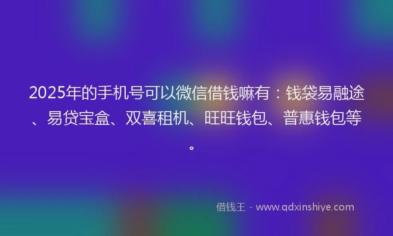 2025年的手机号可以微信借钱嘛有：钱袋易融途、易贷宝盒、双喜租机、旺旺钱包、普惠钱包等。