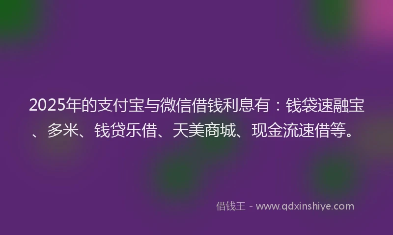 2025年的支付宝与微信借钱利息有：钱袋速融宝、多米、钱贷乐借、天美商城、现金流速借等。