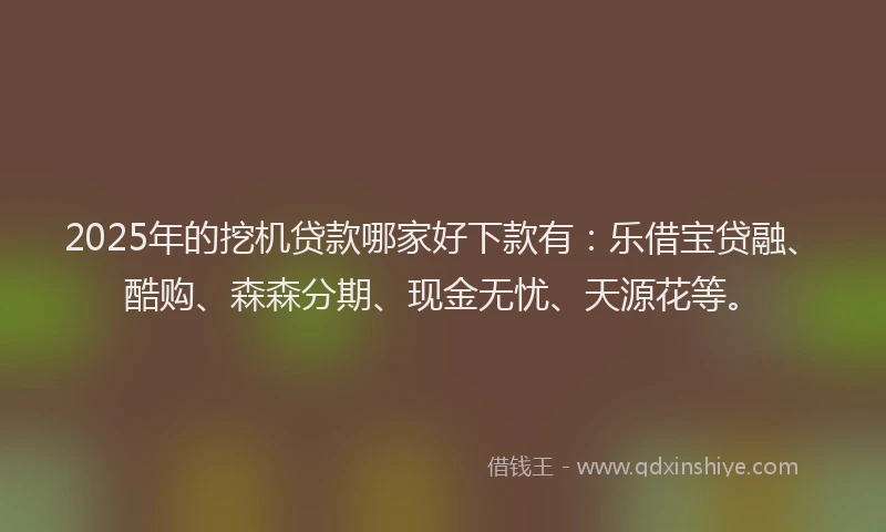 2025年的挖机贷款哪家好下款有：乐借宝贷融、酷购、森森分期、现金无忧、天源花等。