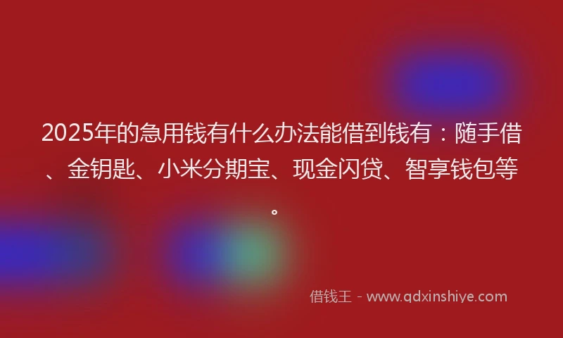 2025年的急用钱有什么办法能借到钱有：随手借、金钥匙、小米分期宝、现金闪贷、智享钱包等。