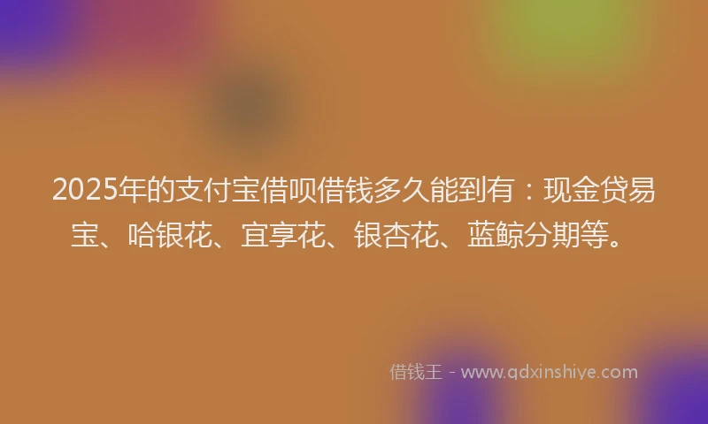 2025年的支付宝借呗借钱多久能到有：现金贷易宝、哈银花、宜享花、银杏花、蓝鲸分期等。