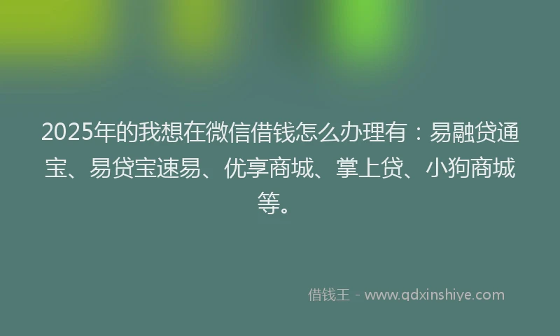 2025年的我想在微信借钱怎么办理有：易融贷通宝、易贷宝速易、优享商城、掌上贷、小狗商城等。