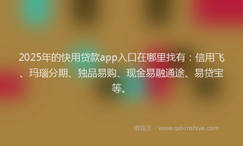 2025年的快用贷款app入口在哪里找有：信用飞、玛瑙分期、独品易购、现金易融通途、易贷宝等。