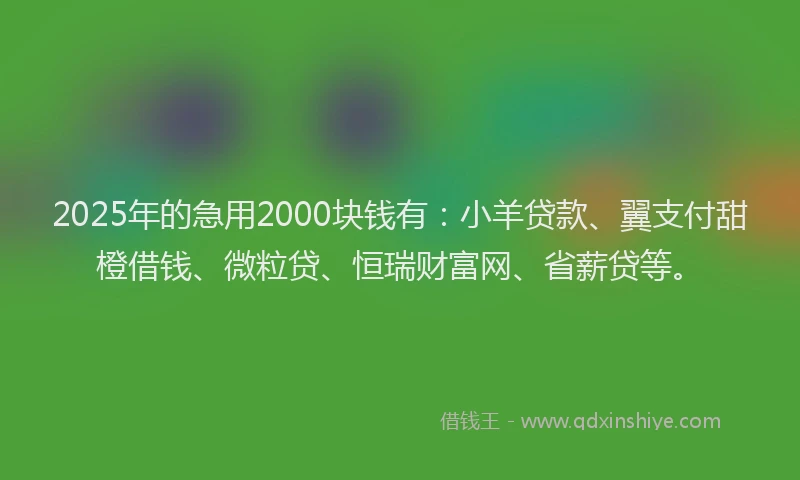 2025年的急用2000块钱有：小羊贷款、翼支付甜橙借钱、微粒贷、恒瑞财富网、省薪贷等。