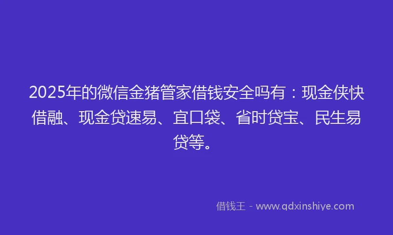 2025年的微信金猪管家借钱安全吗有：现金侠快借融、现金贷速易、宜口袋、省时贷宝、民生易贷等。