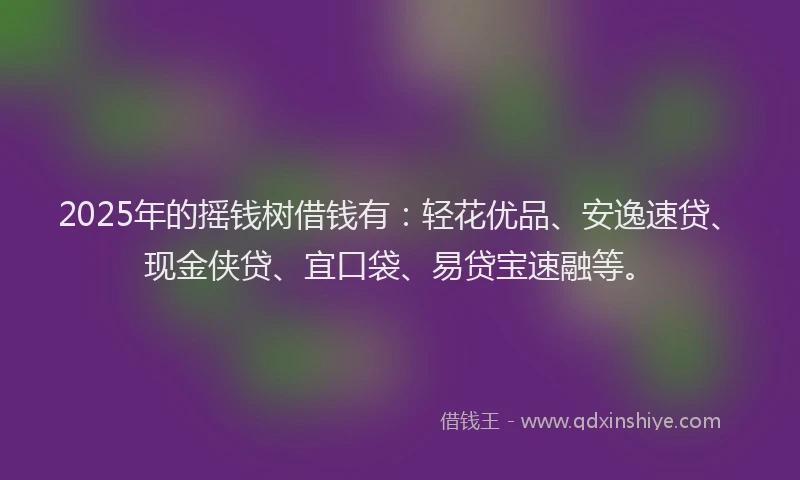 2025年的摇钱树借钱有：轻花优品、安逸速贷、现金侠贷、宜口袋、易贷宝速融等。