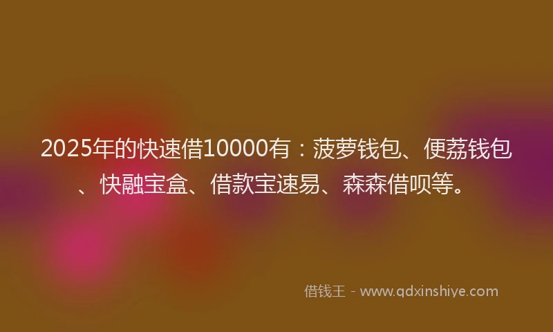 2025年的快速借10000有：菠萝钱包、便荔钱包、快融宝盒、借款宝速易、森森借呗等。