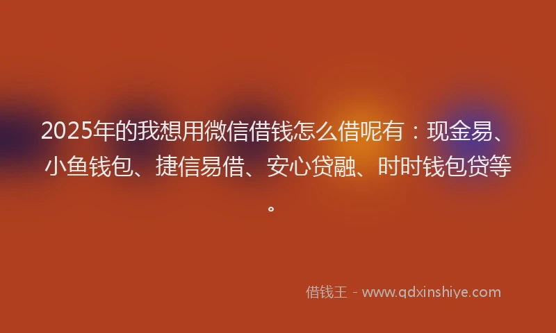 2025年的我想用微信借钱怎么借呢有：现金易、小鱼钱包、捷信易借、安心贷融、时时钱包贷等。
