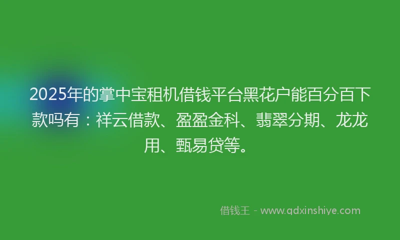 2025年的掌中宝租机借钱平台黑花户能百分百下款吗有：祥云借款、盈盈金科、翡翠分期、龙龙用、甄易贷等。