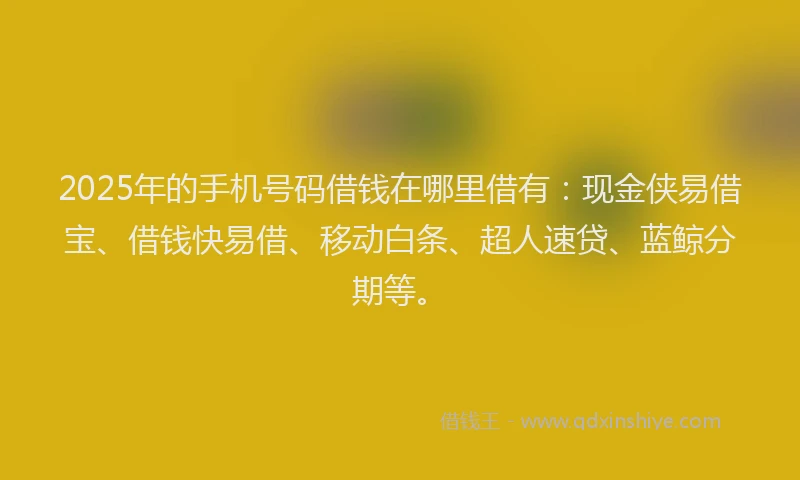 2025年的手机号码借钱在哪里借有：现金侠易借宝、借钱快易借、移动白条、超人速贷、蓝鲸分期等。