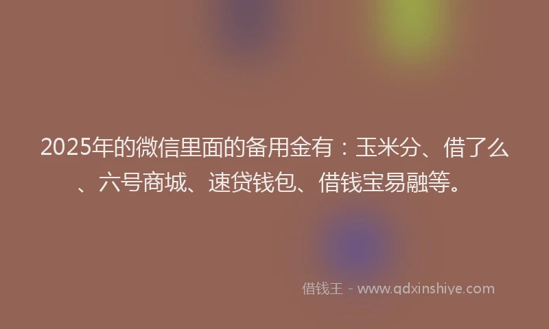2025年的微信里面的备用金有：玉米分、借了么、六号商城、速贷钱包、借钱宝易融等。