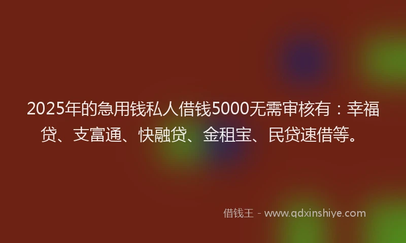 2025年的急用钱私人借钱5000无需审核有：幸福贷、支富通、快融贷、金租宝、民贷速借等。