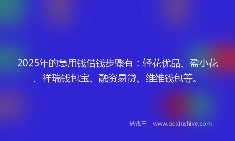 2025年的急用钱借钱步骤有：轻花优品、盈小花、祥瑞钱包宝、融资易贷、维维钱包等。