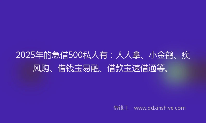 2025年的急借500私人有：人人拿、小金鹤、疾风购、借钱宝易融、借款宝速借通等。