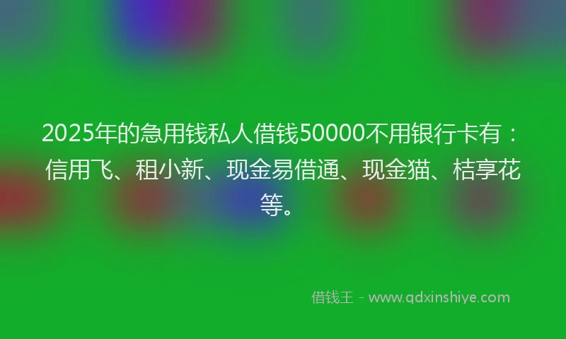 2025年的急用钱私人借钱50000不用银行卡有：信用飞、租小新、现金易借通、现金猫、桔享花等。