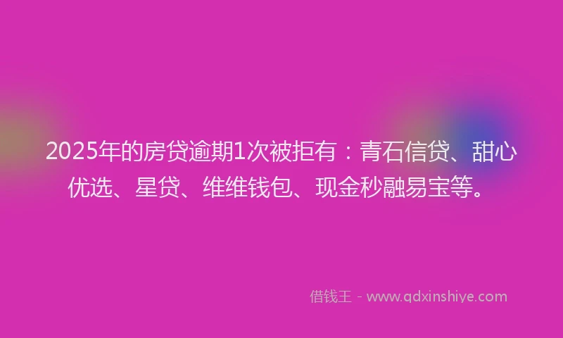 2025年的房贷逾期1次被拒有：青石信贷、甜心优选、星贷、维维钱包、现金秒融易宝等。