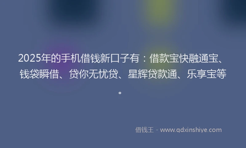 2025年的手机借钱新口子有：借款宝快融通宝、钱袋瞬借、贷你无忧贷、星辉贷款通、乐享宝等。