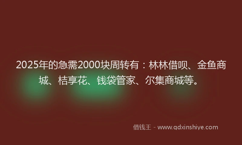 2025年的急需2000块周转有：林林借呗、金鱼商城、桔享花、钱袋管家、尔集商城等。