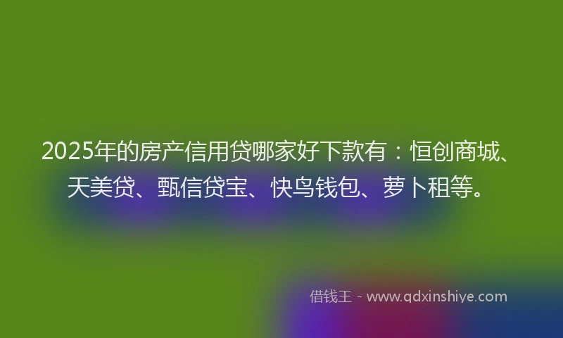 2025年的房产信用贷哪家好下款有：恒创商城、天美贷、甄信贷宝、快鸟钱包、萝卜租等。