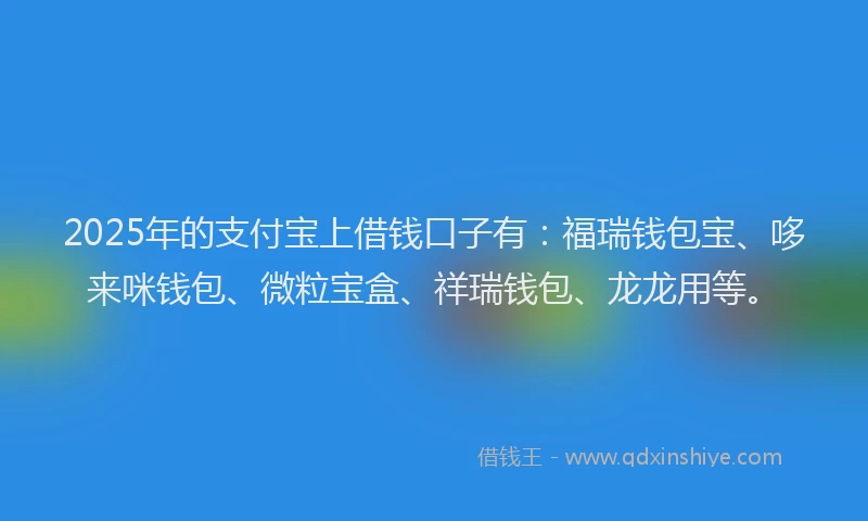 2025年的支付宝上借钱口子有：福瑞钱包宝、哆来咪钱包、微粒宝盒、祥瑞钱包、龙龙用等。
